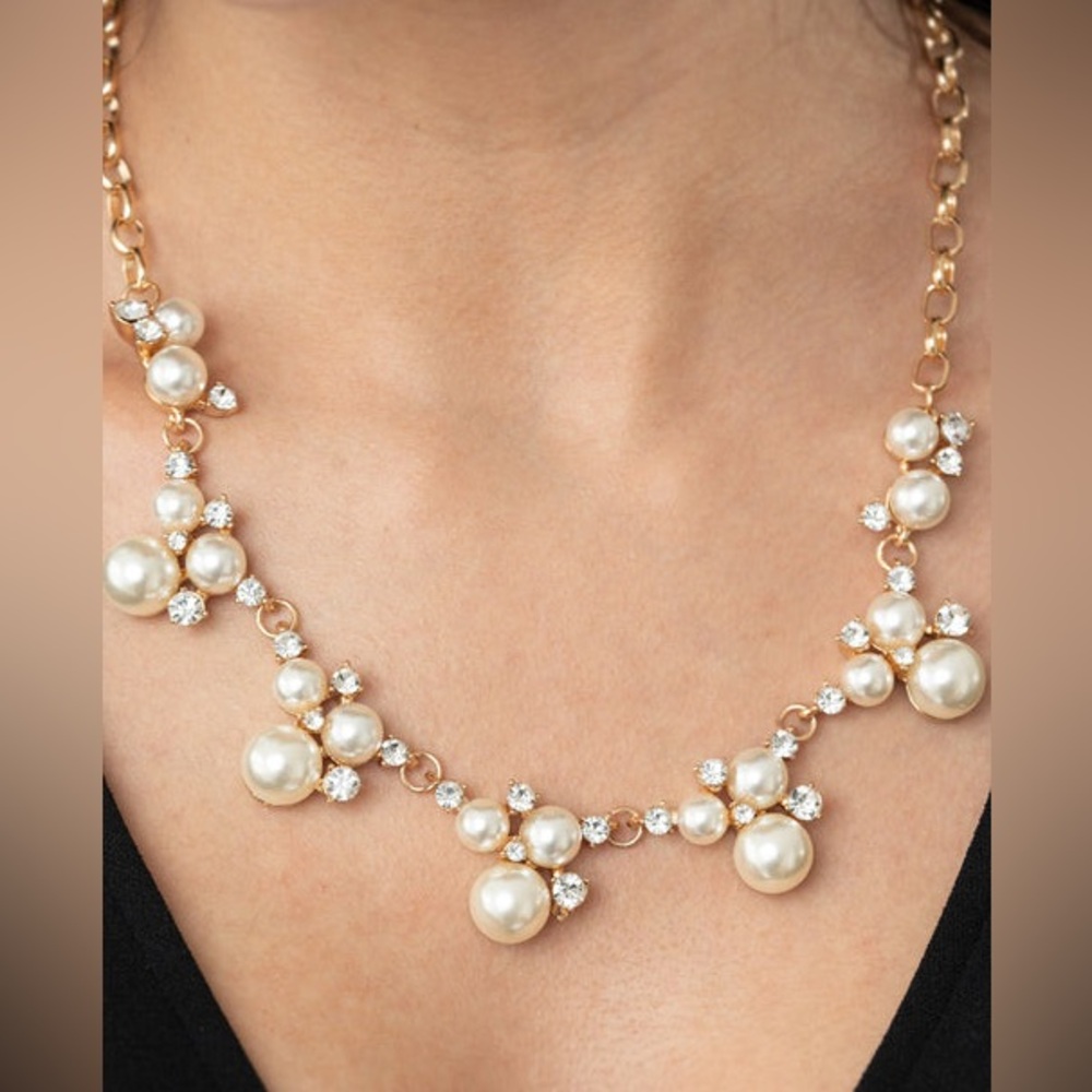 Gold pearl and rhinestone necklace and earring set